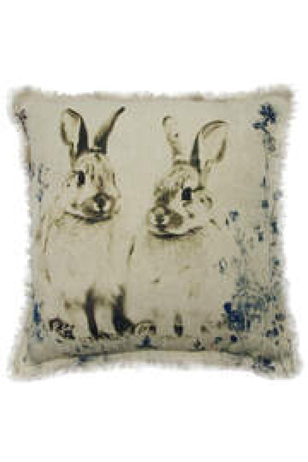 Kissen; Leinen Druck 2 Hasen; ca. 46 x 46 cm ; Grau/Braun/Blau