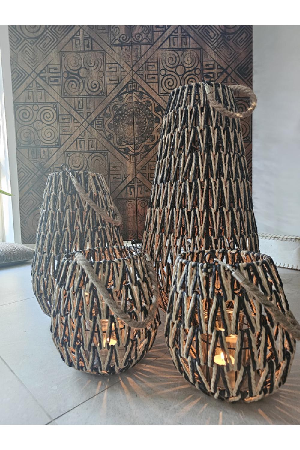 Laterne aus Seegras; 32 x 32 x 60 cm; Schwarz / Natur