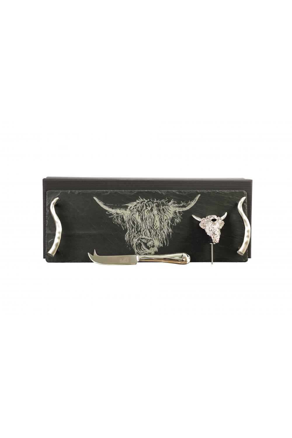 JUST SLATE Naturschiefer Käse- und Wein Set mit Highland Cow Gravur; Gross