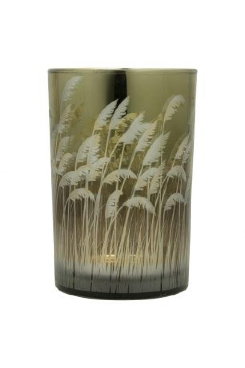 Windlicht aus Glas; Motiv: Palmengras; 18 cm; Gold