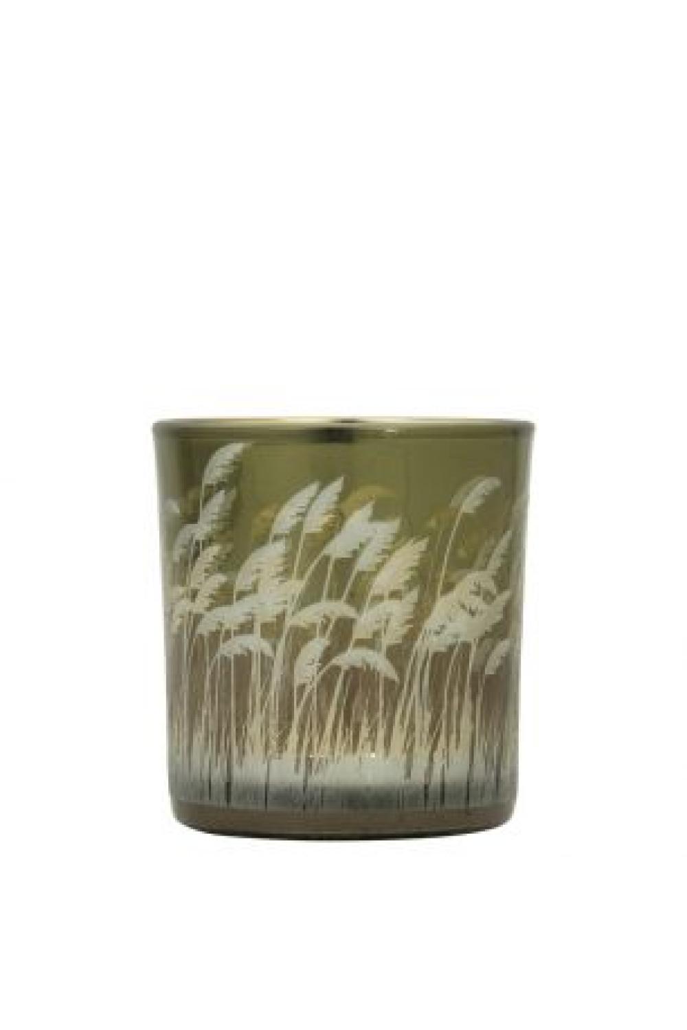 Windlicht aus Glas; Motiv: Palmengras; 12 cm; Gold