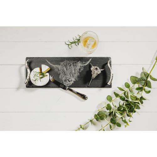 JUST SLATE Naturschiefer Käse- und Wein Set mit Highland Cow Gravur