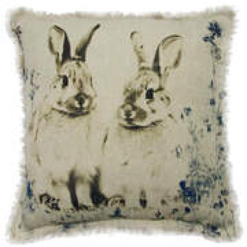 Kissen; Leinen Druck 2 Hasen; ca. 46 x 46 cm ; Grau/Braun/Blau
