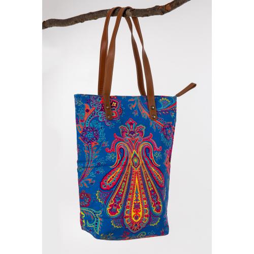 Canvas Bag; Motiv: Paisley; Farbe: Blau / Orange; ca. 34,5 x 41, 5 cm