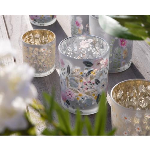 Windlicht aus Glas; Motiv: Palmengras; 18 cm; Gold