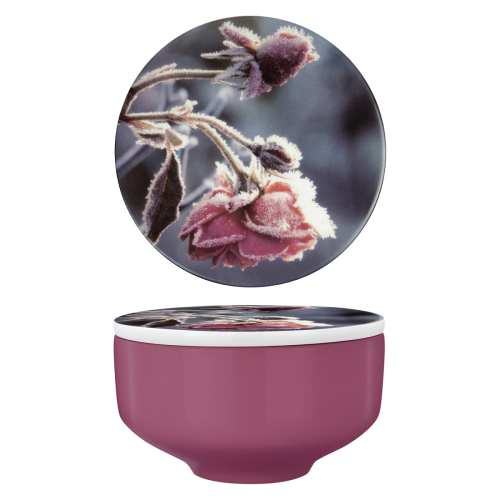 Schale mit Deckel; Rose im winter trifft Winterwangen  Durchmesser: 11 cm; Höhe:  6,5 cm; 350 ml