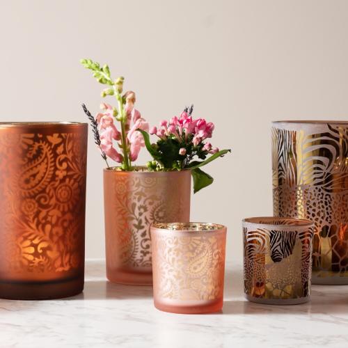 Windlicht aus Glas, Motiv: Paisley; 18 cm; Orange