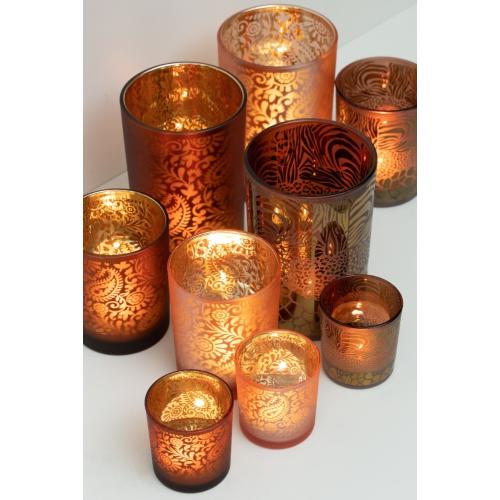 Windlicht aus Glas, Motiv: Paisley; 18 cm; Orange