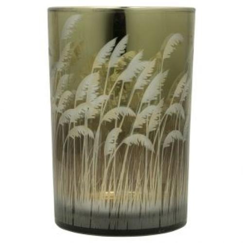Windlicht aus Glas; Motiv: Palmengras; 12 cm; Gold