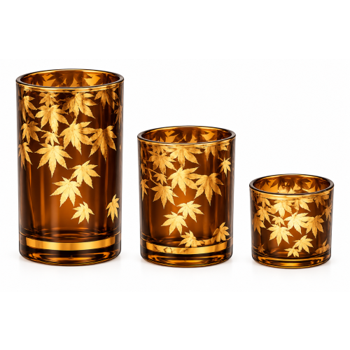 Windlicht aus Glas; Motiv: Blätter; 12 cm; Braun / Gold