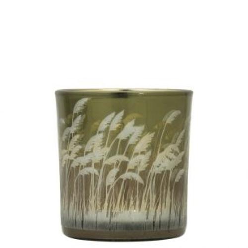 Windlicht aus Glas; Motiv: Palmengras; 12 cm; Gold