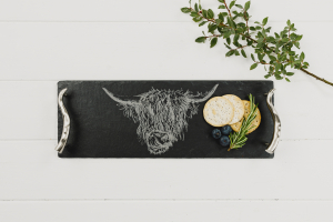 JUST SLATE Serviertablett aus Naturschiefer mit Highland Cow Gravur, KLEIN