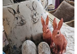 Kissen; Leinen Druck 2 Hasen; ca. 46 x 46 cm ; Grau/Braun/Blau