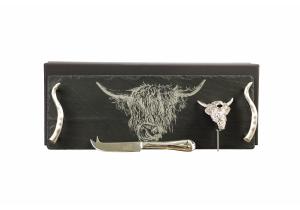 JUST SLATE Naturschiefer Käse- und Wein Set mit Highland Cow Gravur
