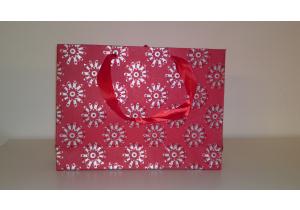 Geschenktragetaschen aus Kraftpapier mit roter Schleife (300) ; 26 x 19 cm, Rot/ Weiss / Silber