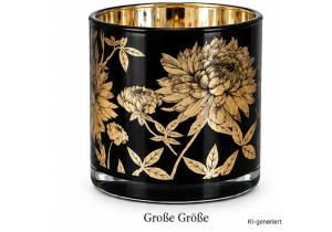 Windlicht aus Glas; Motiv: Blumen; Höhe 15 cm; Schwarz / Gold
