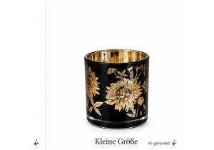 Windlicht aus Glas; Motiv: Blumen; Höhe 8 cm; Schwarz / Gold