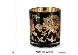 Windlicht aus Glas; Motiv: Blumen; Höhe 12 cm; Schwarz / Gold