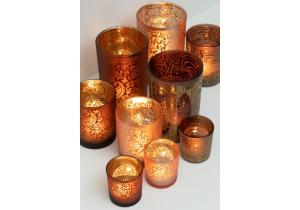 Windlicht aus Glas, Motiv: Paisley; 18 cm; Orange