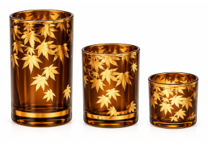 Windlicht aus Glas; Motiv: Blätter; 18 cm; Braun / Gold